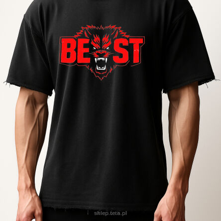 Postrzępiona koszulka oversize BEAST –  siłowa, z grafiką z przodu i tyłu | TETA Sportswear